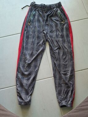Men's Black Plaid Joggers with Red Side Stripe